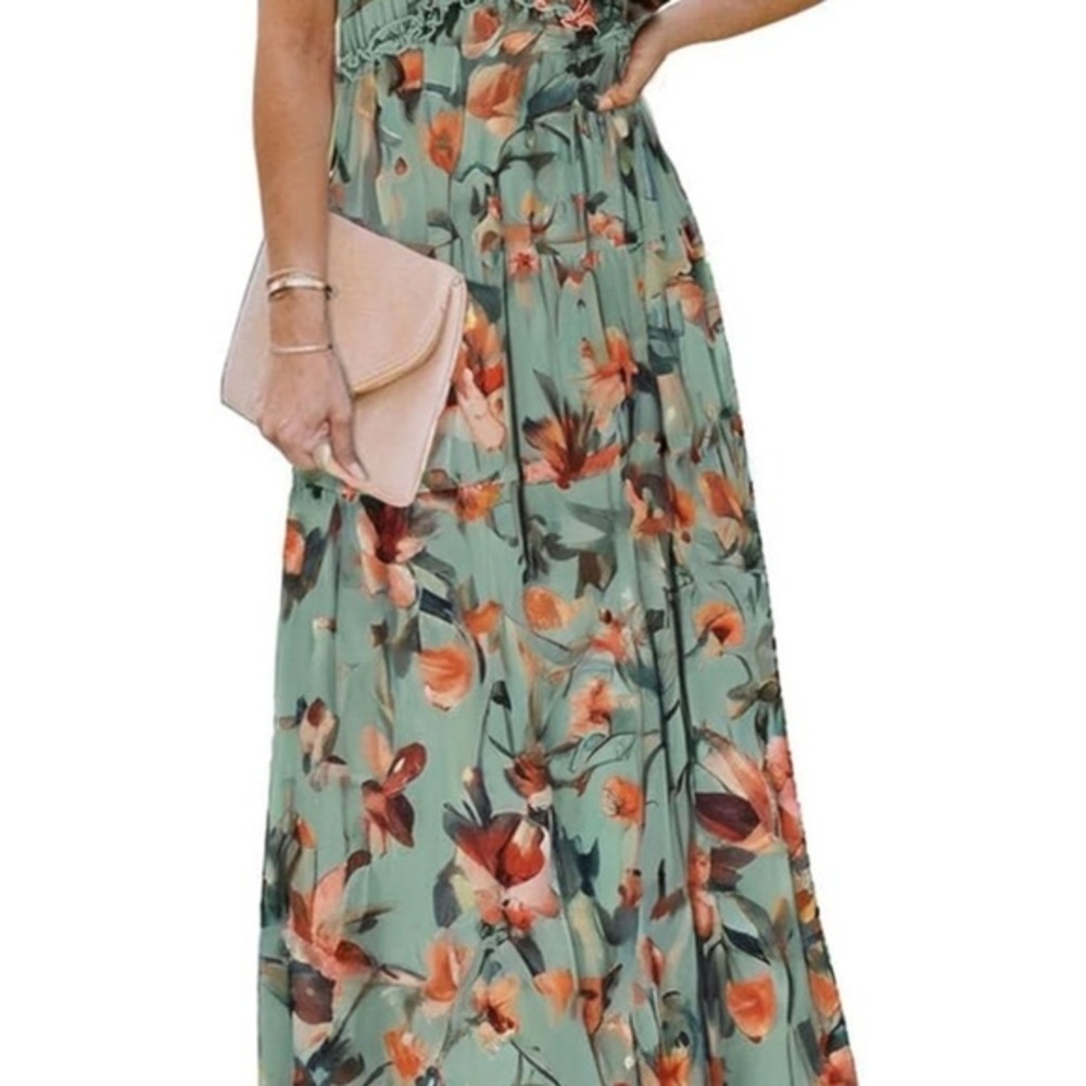 Boho Floral Maxi Dress in Green and Orange floral